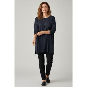 Eileen Fisher Cozy Brushed Terry Hug Tunic Size Medium Navy Blue Pullover